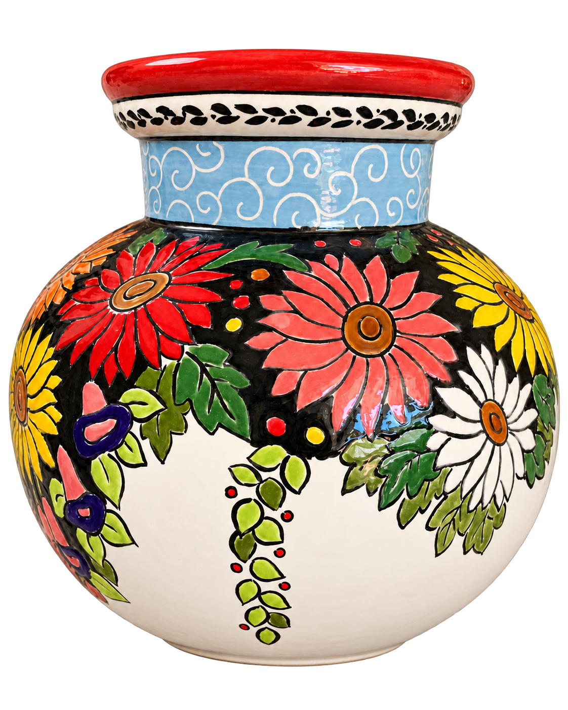 Vaso floral de Beth Sbroggio, com grandes flores vermelhas, brancas e amarelas pintadas sobre fundo preto